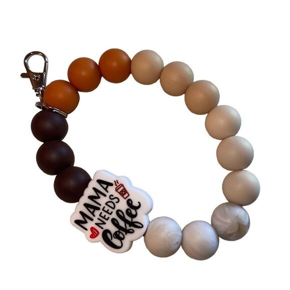 Keychain bracelet wristlet silicone beaded Mama Needs Coffee NEW handmade clasp - Picture 1 of 5